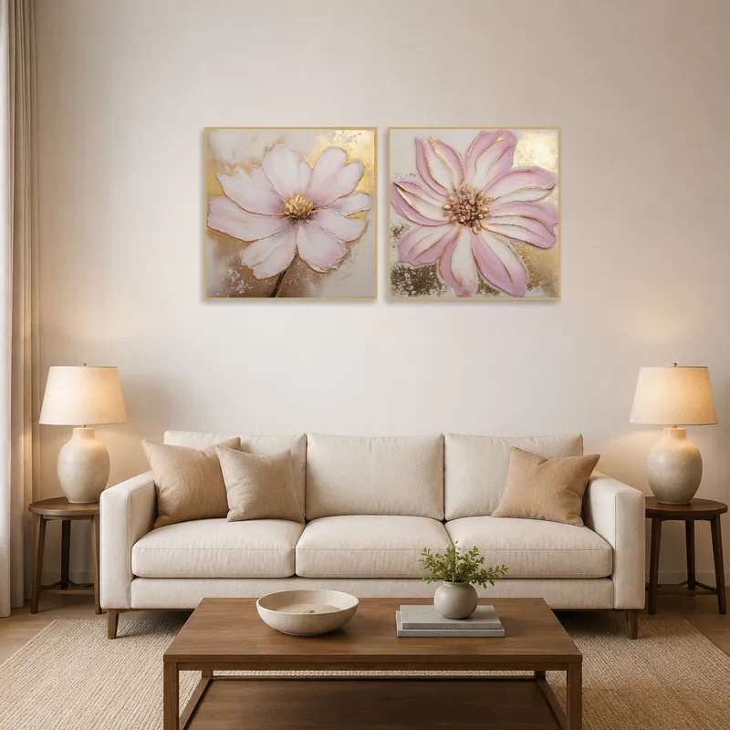 Soft pink and gold floral artwork above a modern sofa in a cozy living room.