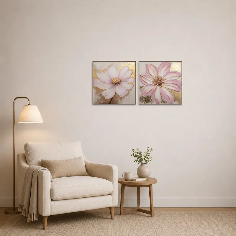 Charming reading nook featuring an elegant floral duo with soft tones and gold details.