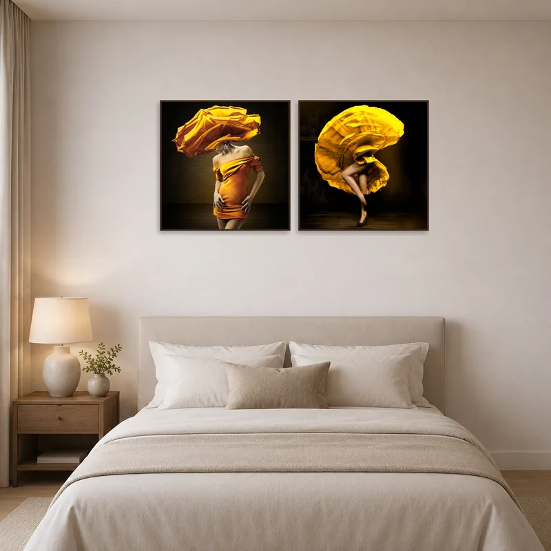 Elegant floral art set creating a serene atmosphere in a chic bedroom.