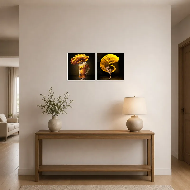 Floral artwork set enhancing the elegance of a bright entrance hall.