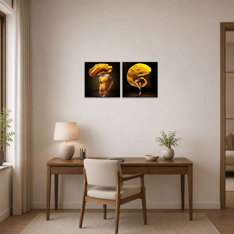 Stylish floral artwork set inspiring creativity in a contemporary home office.