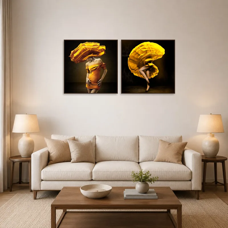 Elegant floral artwork set displayed above a modern sofa in a stylish living room.