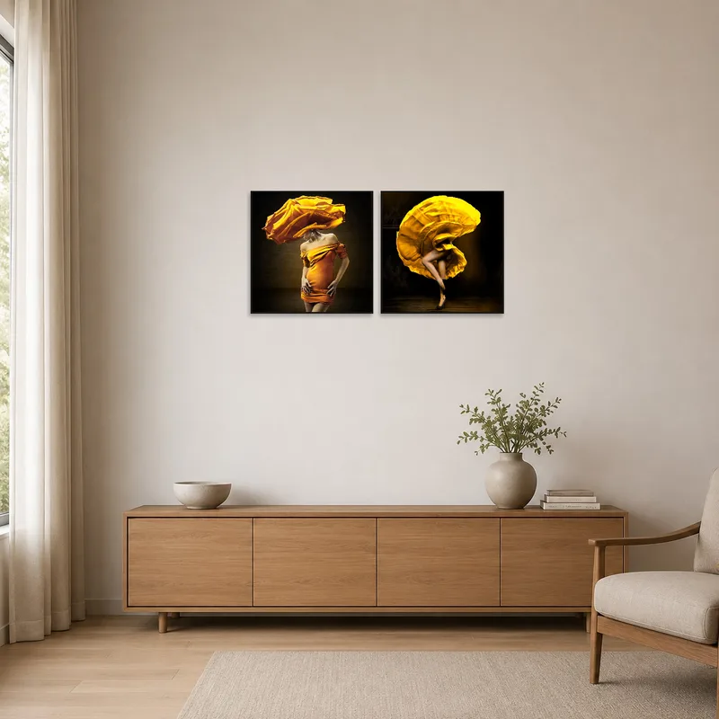 Square floral art set adding sophistication to a minimalist space with clean lines.