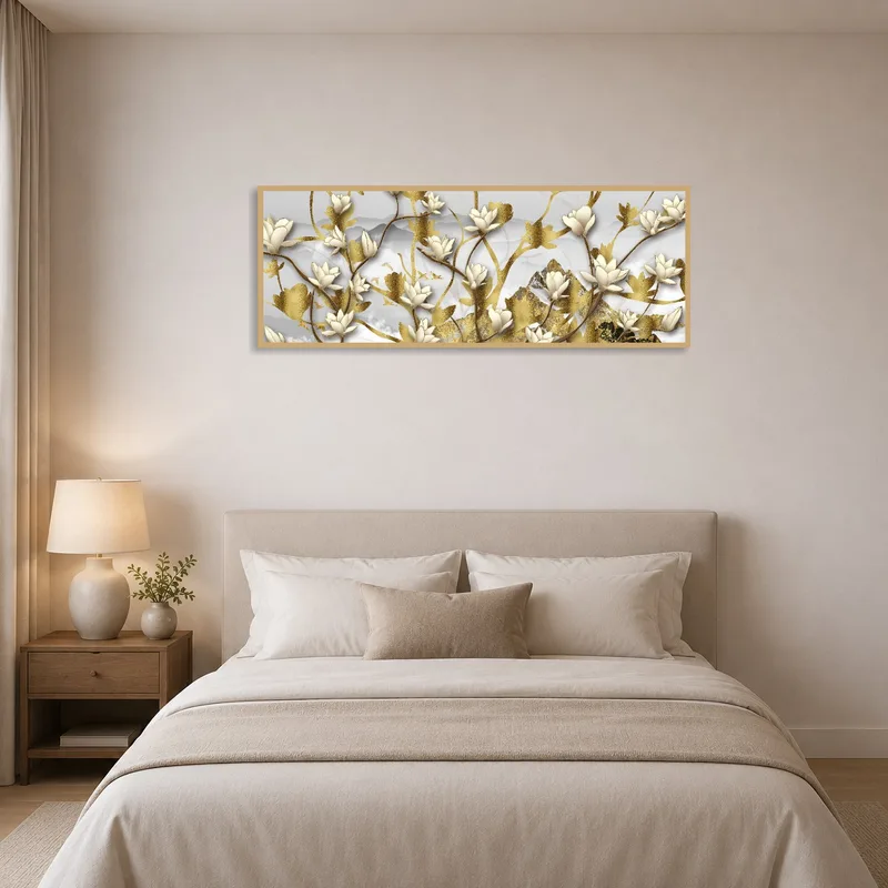 Bedroom setting showcasing a calming gold and white floral print above the bed.