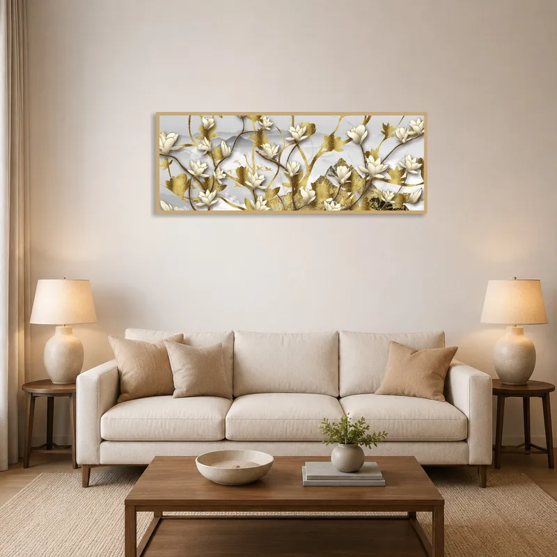 Elegant floral gold and white art print above a living room sofa with neutral tones.