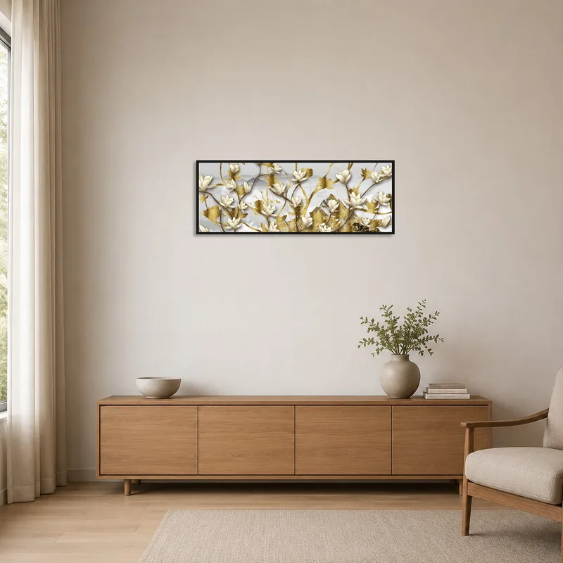 Minimalist room featuring a gold and white floral print on a stark white wall.