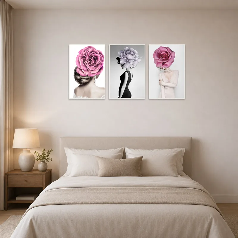 Elegant floral head montage trio adds charm above a bedroom dresser.