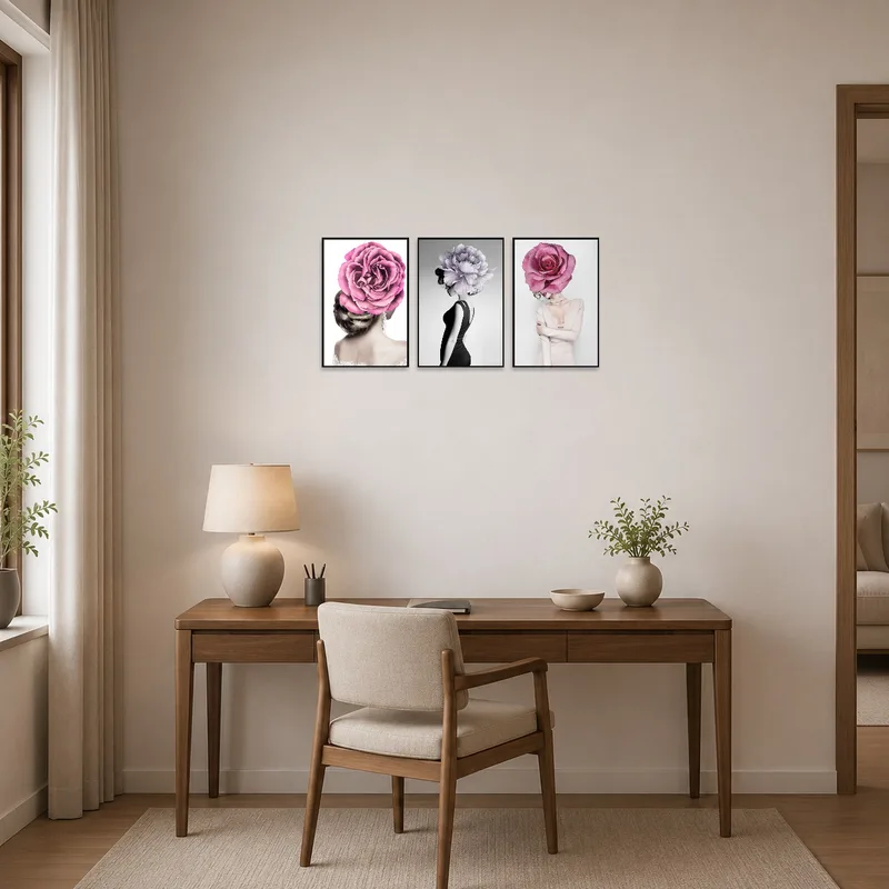 Elegant floral head montage trio beautifying a home office space above a desk.