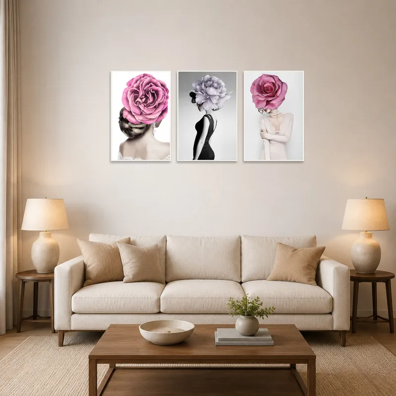Elegant floral head montage art trio on a living room wall above a modern sofa.