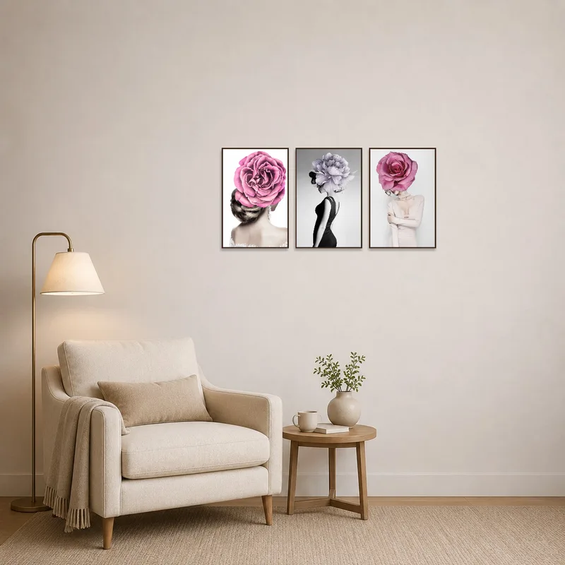 Elegant floral head montage trio enhances a cozy reading corner atmosphere.
