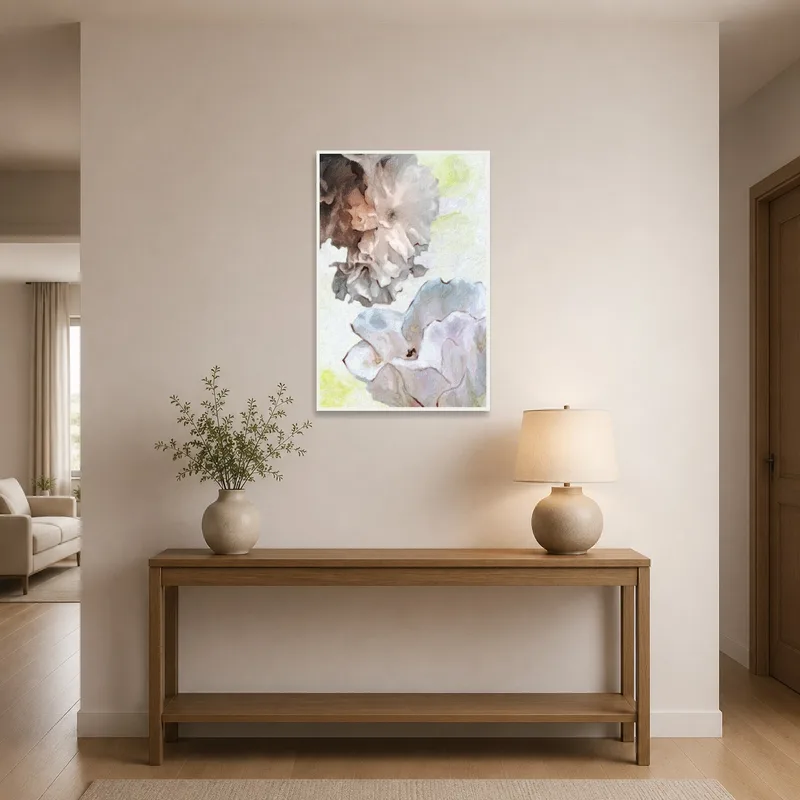 Elegant floral impression artwork welcomes guests in an inviting entrance hall with soothing pastels.