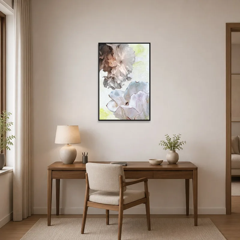 Sophisticated floral impression in pastels brings tranquility to a focused home office setting.
