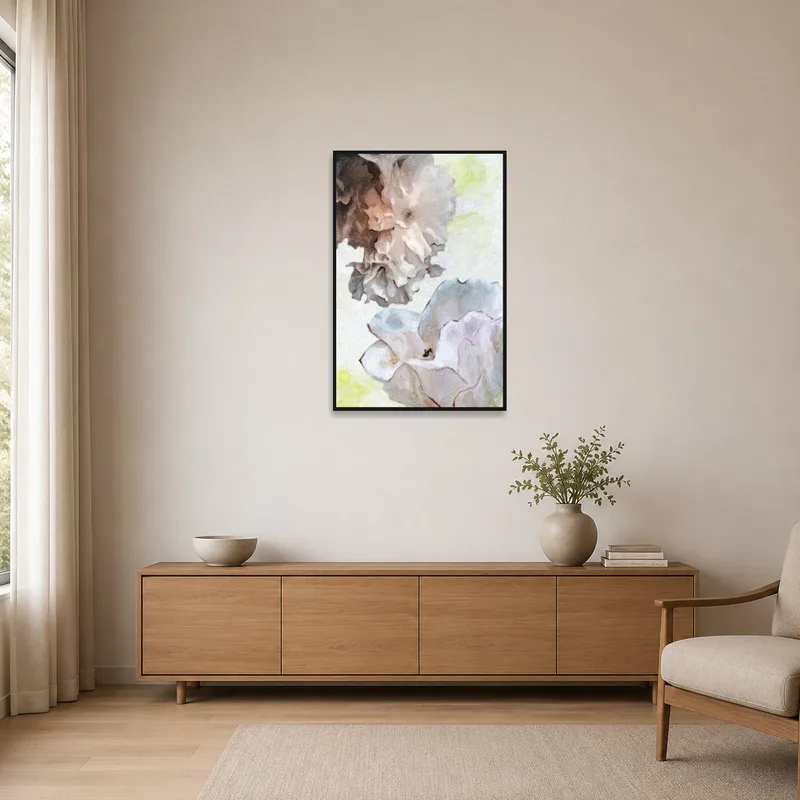 Soft pastel floral artwork adds a touch of elegance to a clean, minimalist interior setting.