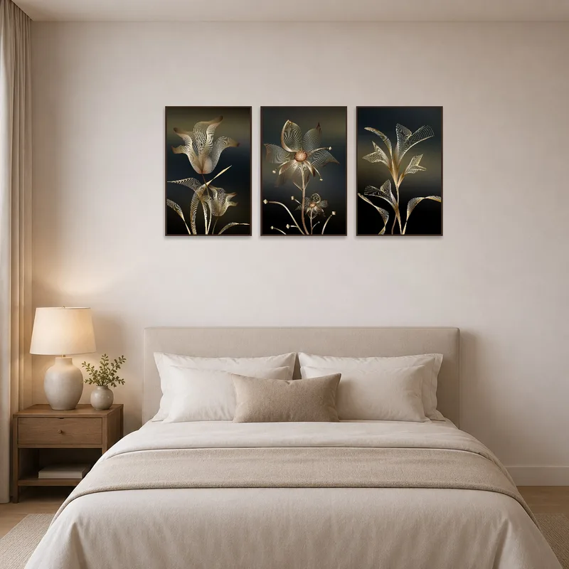 Elegant floral artwork above a bed with soft bedding in a serene bedroom.
