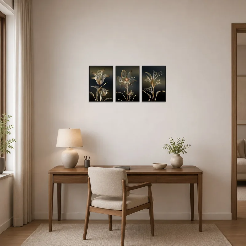Set of floral line art pieces hung on a home office wall near a tidy desk.
