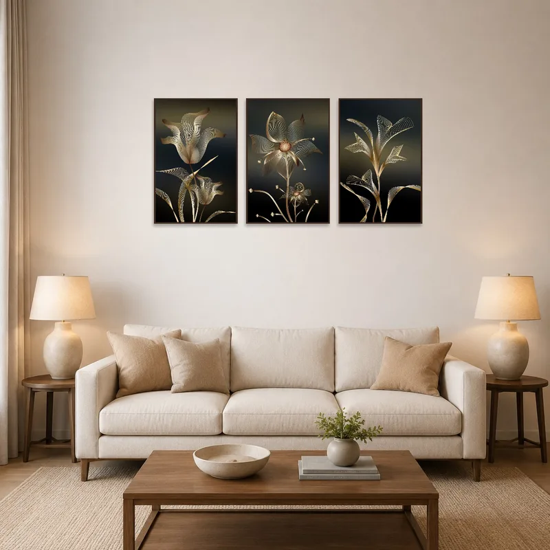 Three florals line art pieces on a living room wall above a modern sofa.