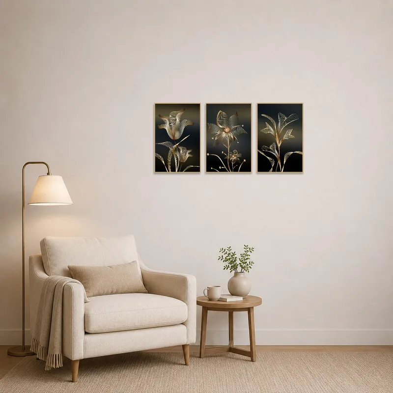 Floral line art enriches a cozy reading corner with a comfy chair.