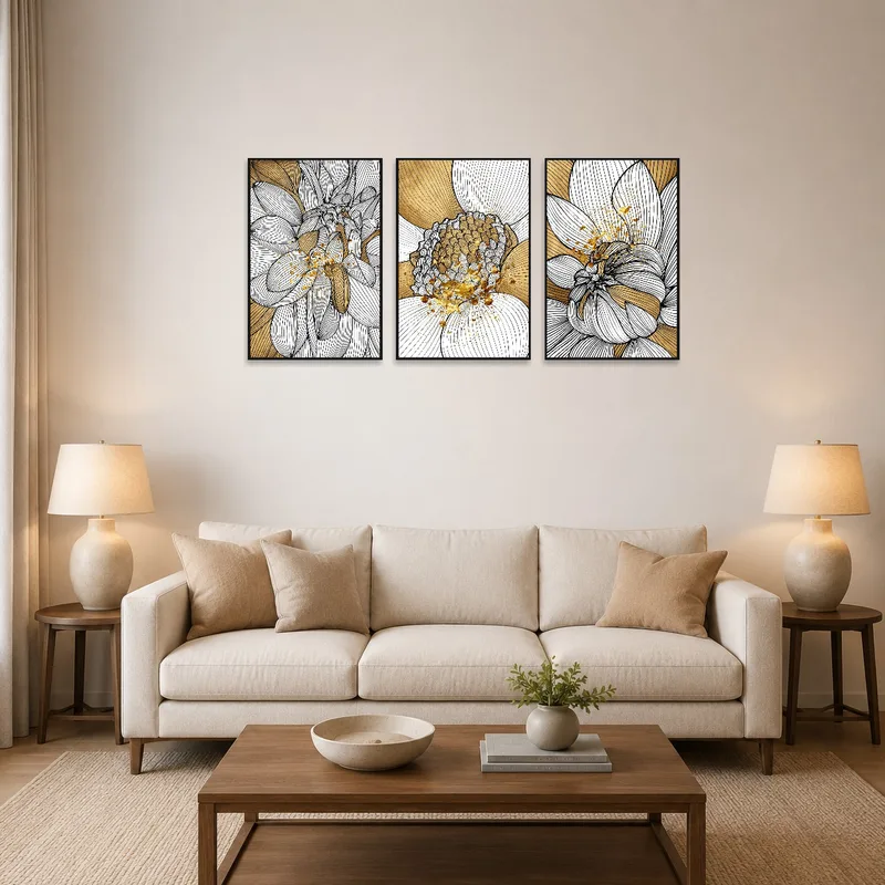Elegant floral line art triptych with gold accent above a modern living room sofa.