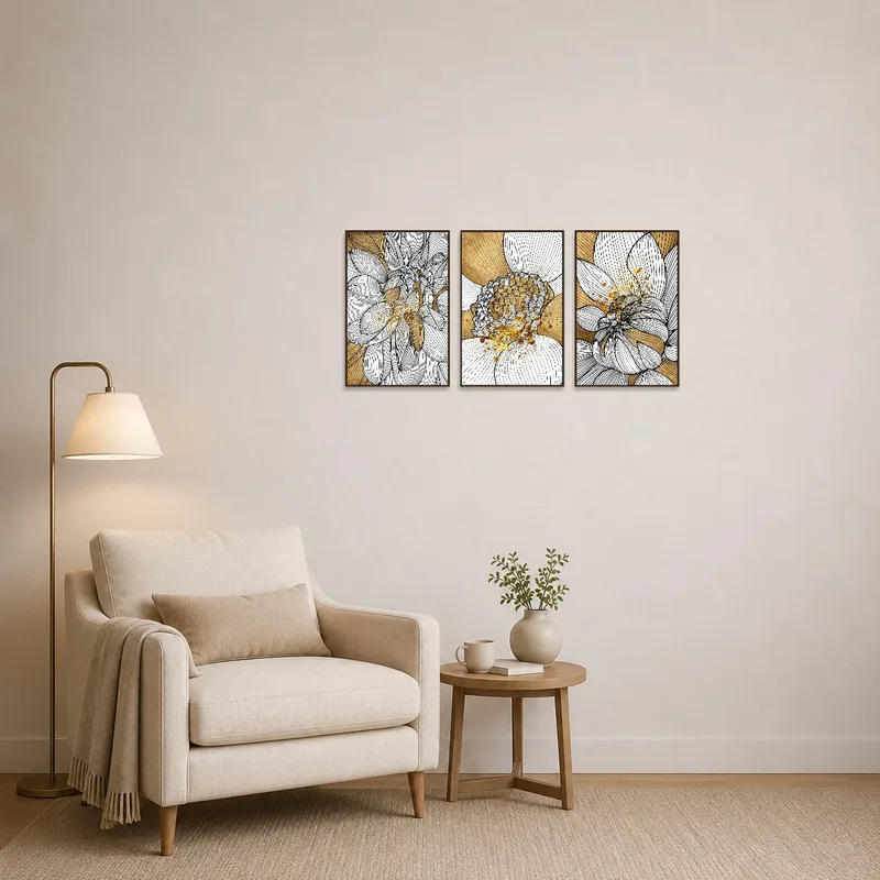 Stylish floral line art triptych with gold accent enhancing a cozy reading corner.