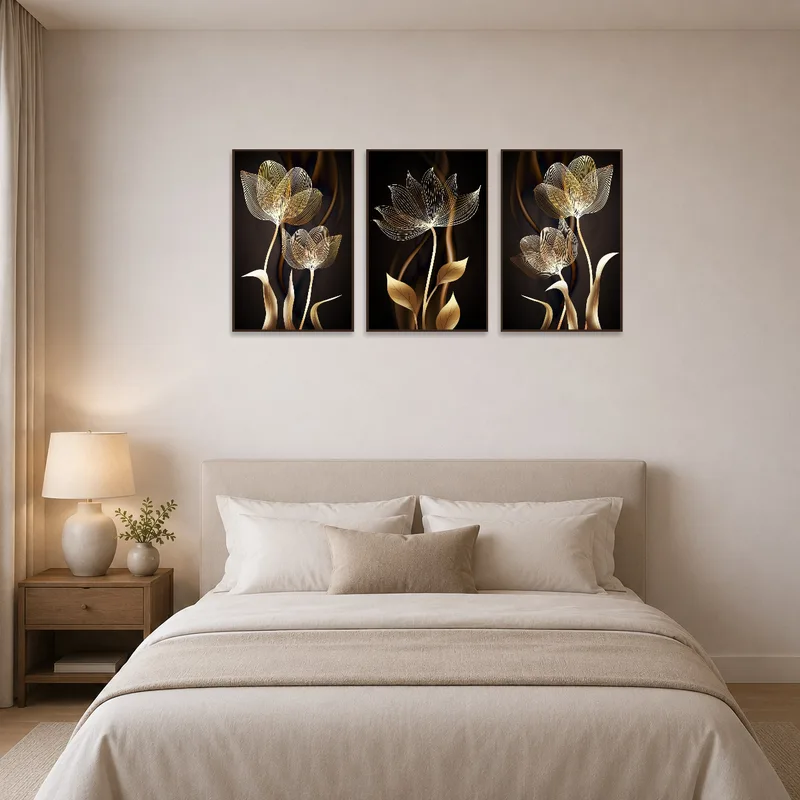 Floral triptych art set creates a serene vibe above a bedroom bed.