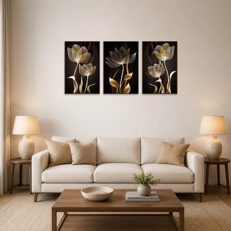 Floral lines triptych set above a plush sofa in a cozy living room.