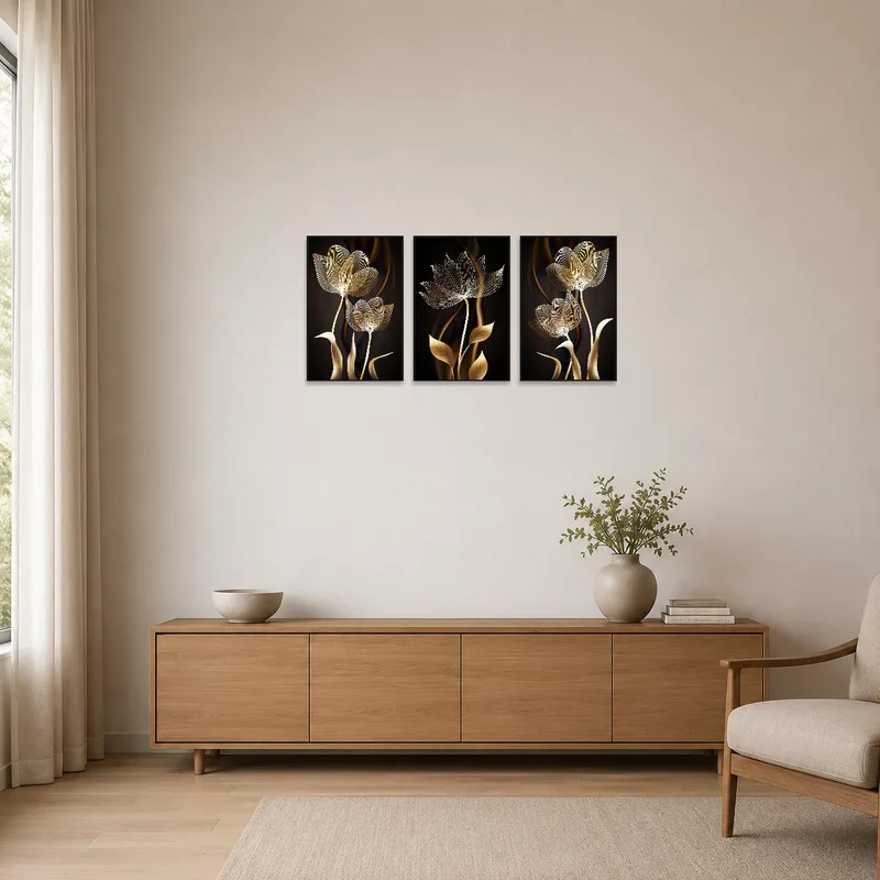 Triptych art set accentuates a clean, minimalist space with flowers.