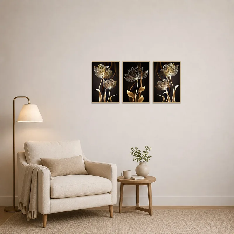 Elegant floral triptych adds tranquility to a quiet reading corner.