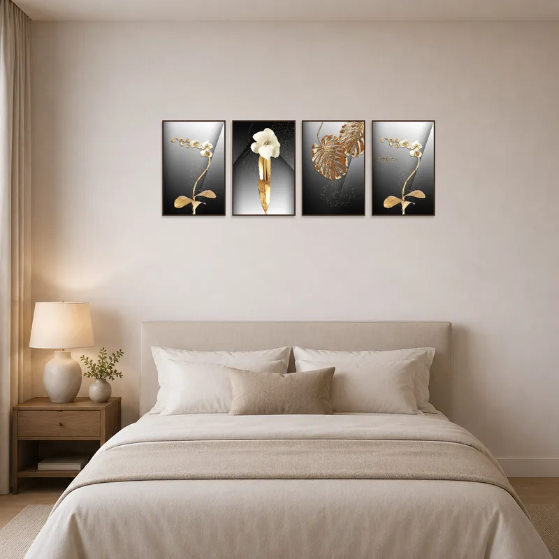 Metallic botanical art brings a serene touch to a bedroom’s decor.