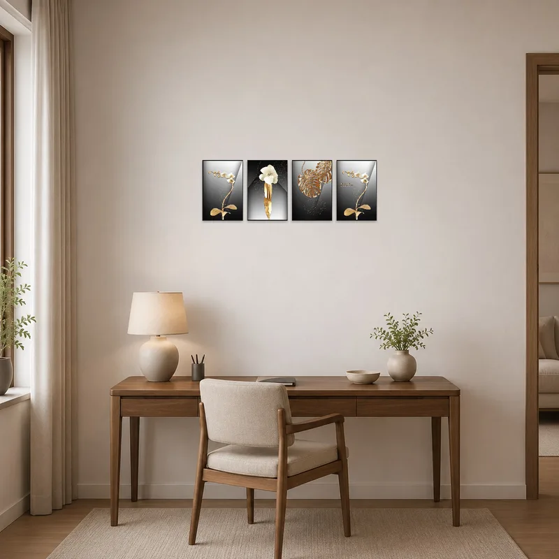 Sophisticated floral art set elevates a home office workspace.