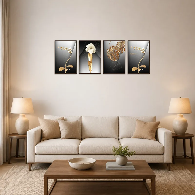 Floral metallic art hangs on a living room wall above a modern sofa.