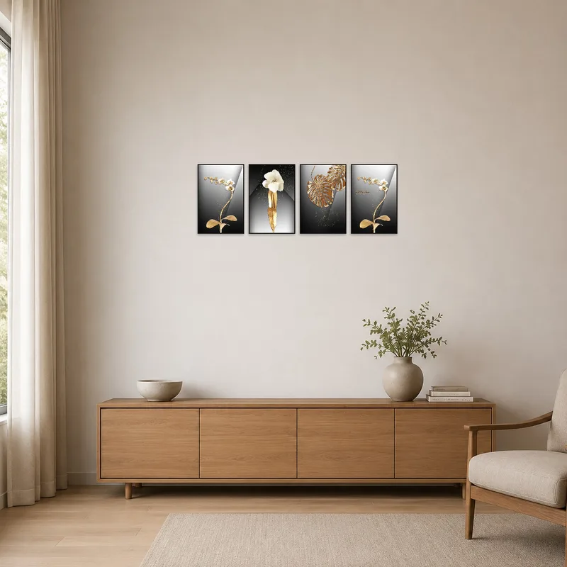 Sleek floral art complements the clean lines of a minimalist room.