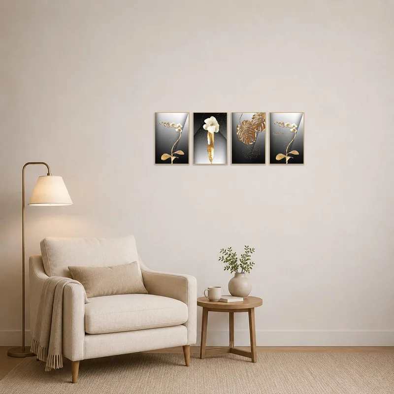 Elegant floral art set adds charm to a cozy reading corner.