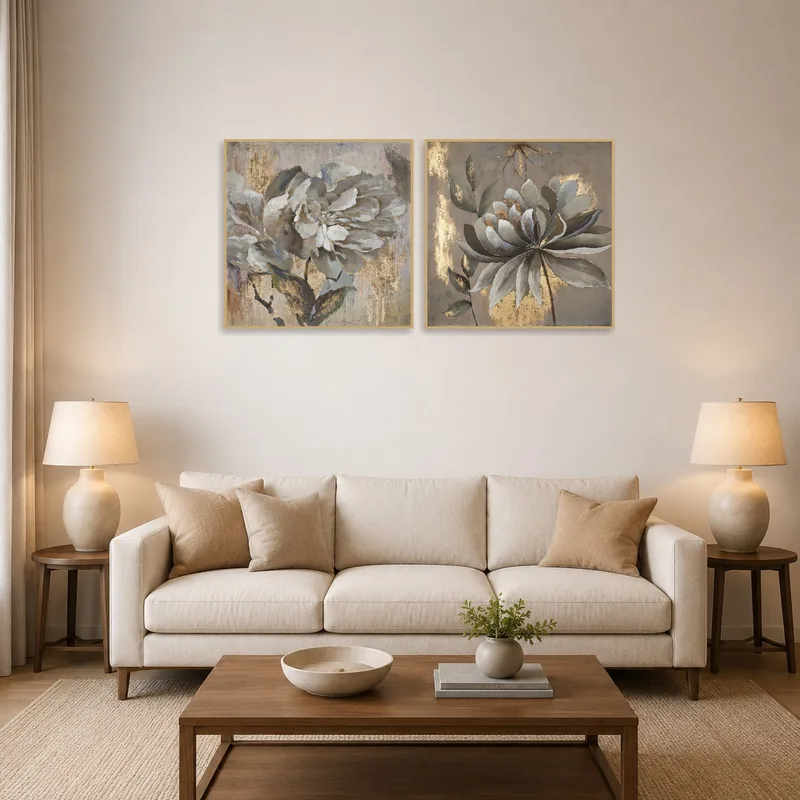 Two floral prints with gold accents in a stylish living room setting.