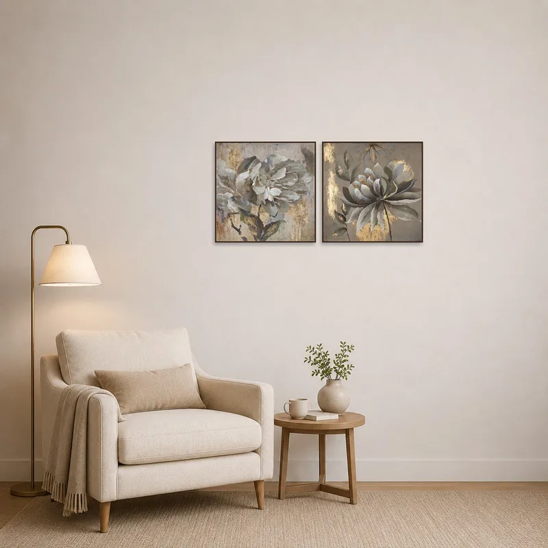 Floral artwork with gold touches in a cozy reading corner.