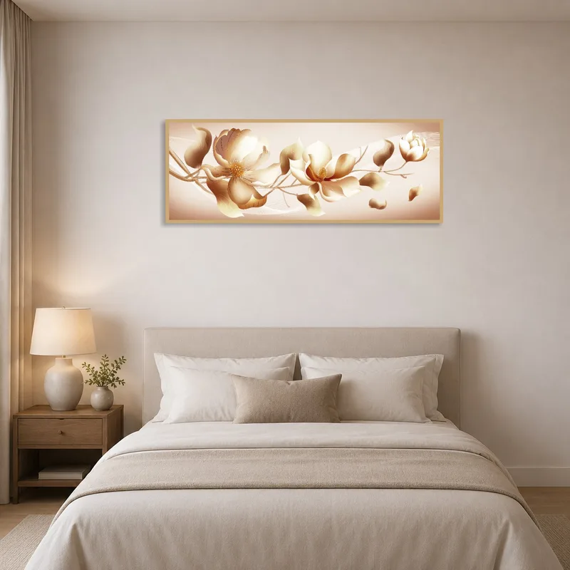 Sophisticated floral piece brings calm to a serene bedroom ambiance.