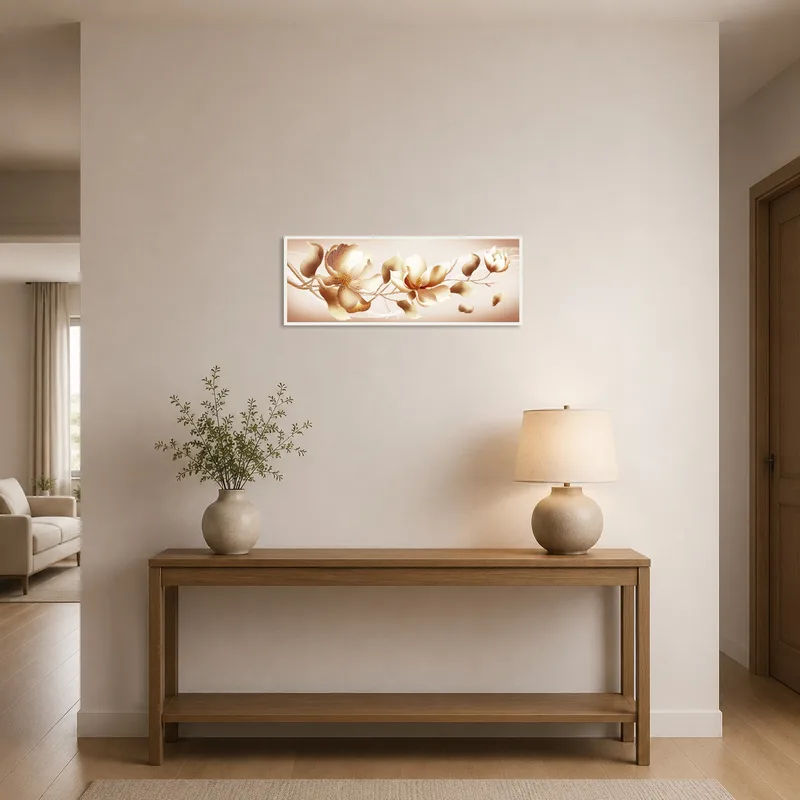 Soft beige floral artwork welcoming visitors in an elegant entrance hall.