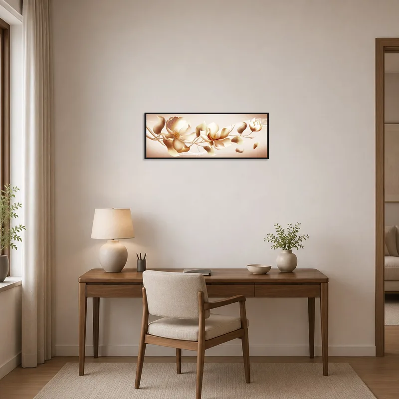 Soft beige floral panorama enhances a productive, stylish home office.