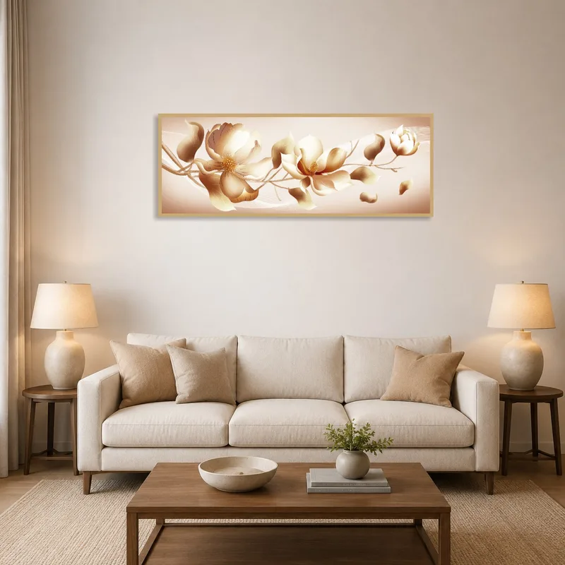 Soft beige floral panorama above a modern sofa in a cozy living room.