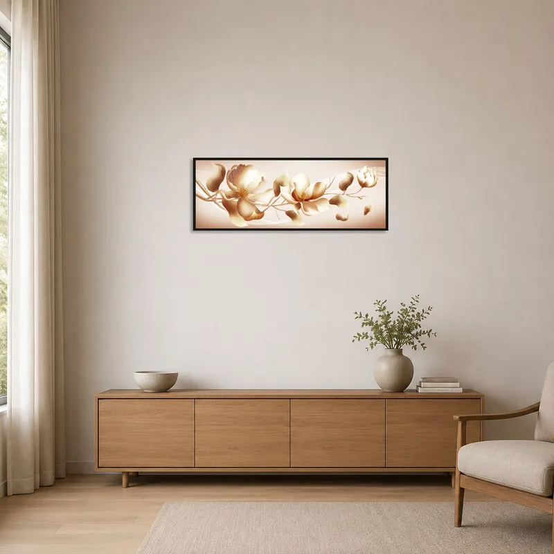 Elegant floral artwork complements minimalist-style decor.
