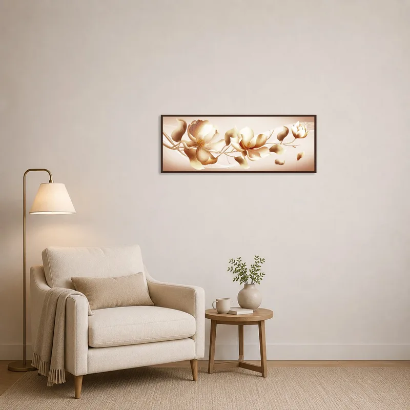 Floral panorama adds serenity to a reading corner with a comfy chair.