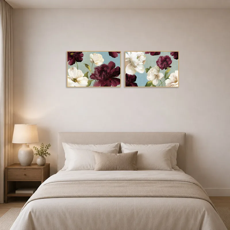 Peony and rose set brings a soothing floral presence to a bedroom ambiance.