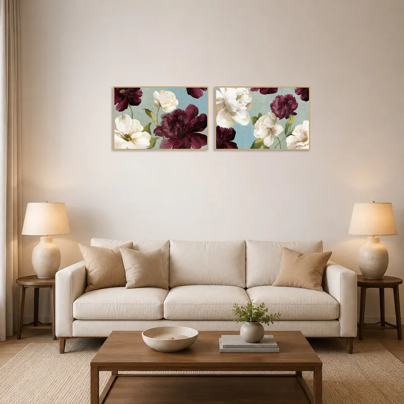 Floral peony and rose art complements the warmth of a cozy living room setting.
