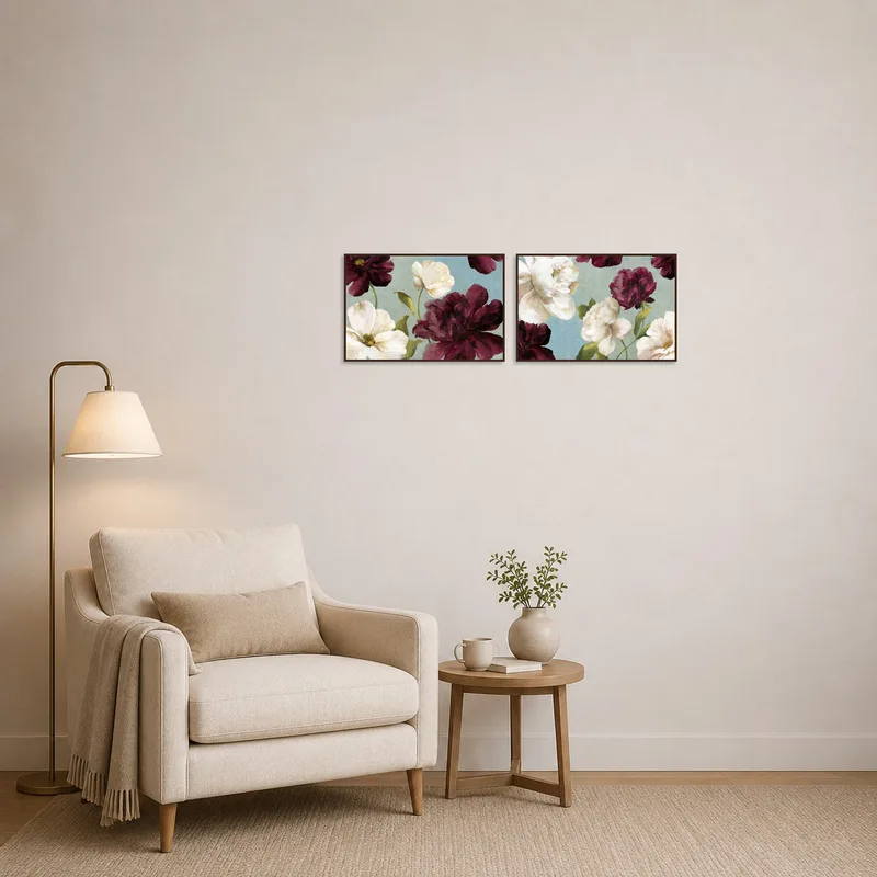 Artwork depicts soft floral beauty, enriching the serenity of a reading corner.