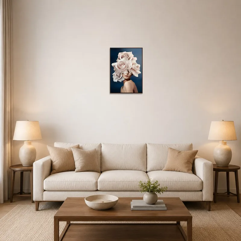 Soft rose blooms artwork above a modern living room sofa.