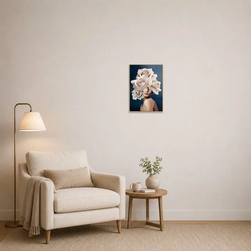 Floral piece adds charm to a cozy reading corner.
