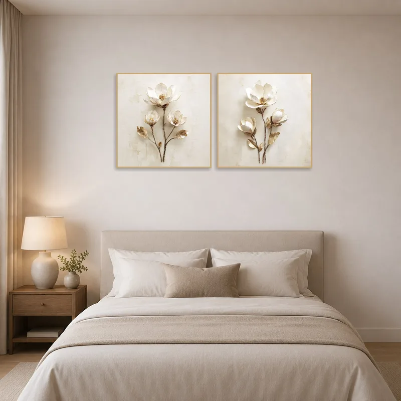 Bedroom wall featuring a serene floral artwork in soft gold and cream colors.