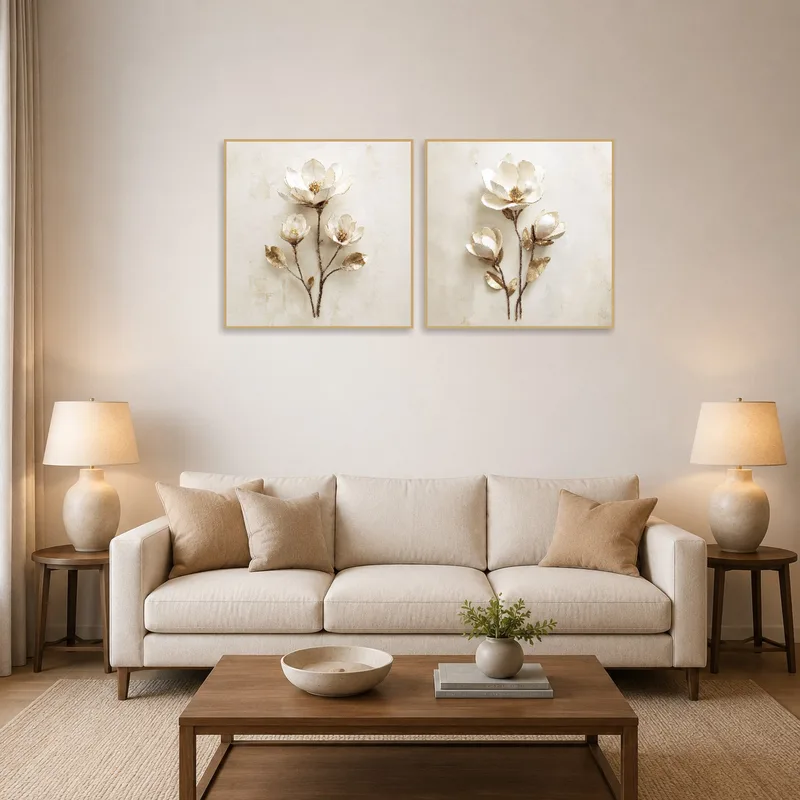 Elegant floral artwork with gold and cream tones hanging in a modern living room.