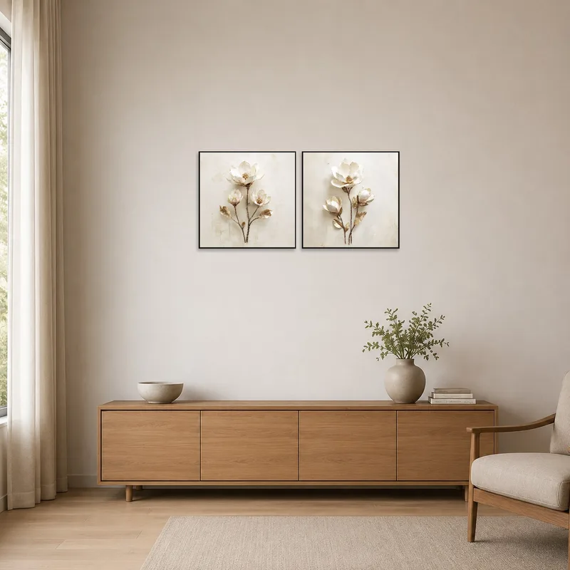 Minimalist space featuring a floral study in soft golds and creams on a simple wall.