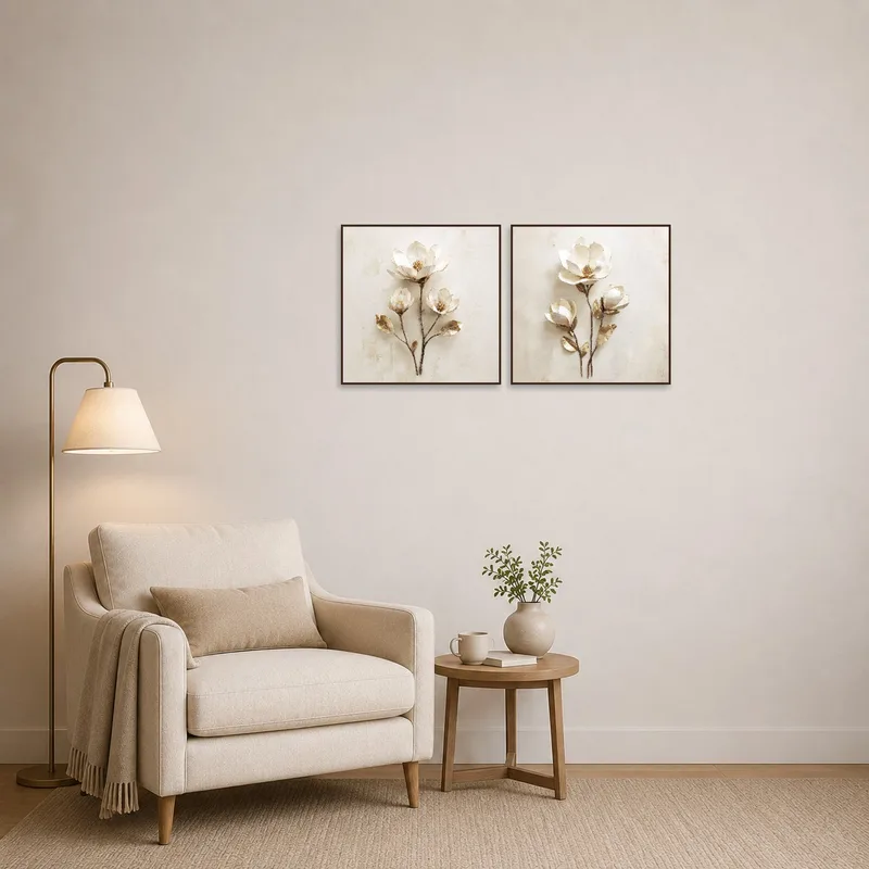 Reading corner adorned with a delicate floral art in muted gold and cream shades.