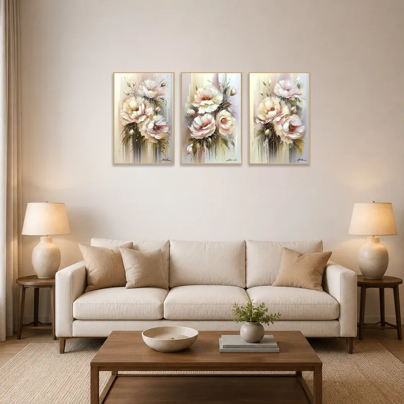 Triptych set with floral designs adds elegance to a contemporary living room wall.